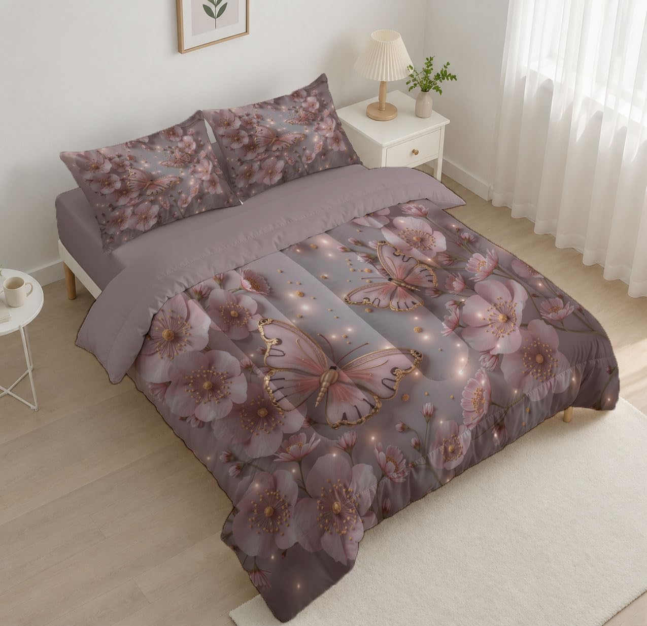 Simple and Healing Comforter Set Twin Size, Butterfly Flowers Print Breathable Bedding Set for Girls Boys Teens, Light Pink Quilt Duvet with 2 Pillow Cases