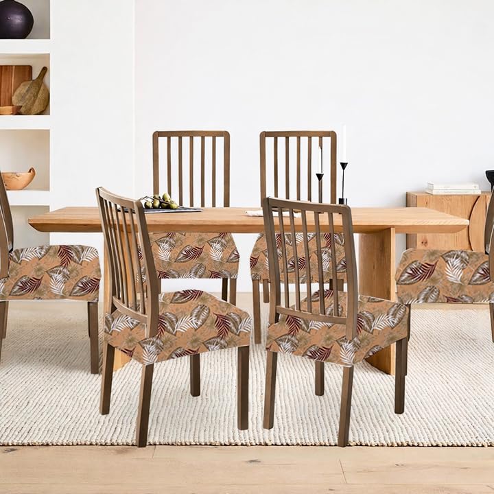 Image of Stretchable Dining Chair seat Cover Set of 6 Seater Elastic Washable Chair Protector for Dining Room, Office and Restaurant, Universal fit Printed Spandex Fabric-Brown Leaf