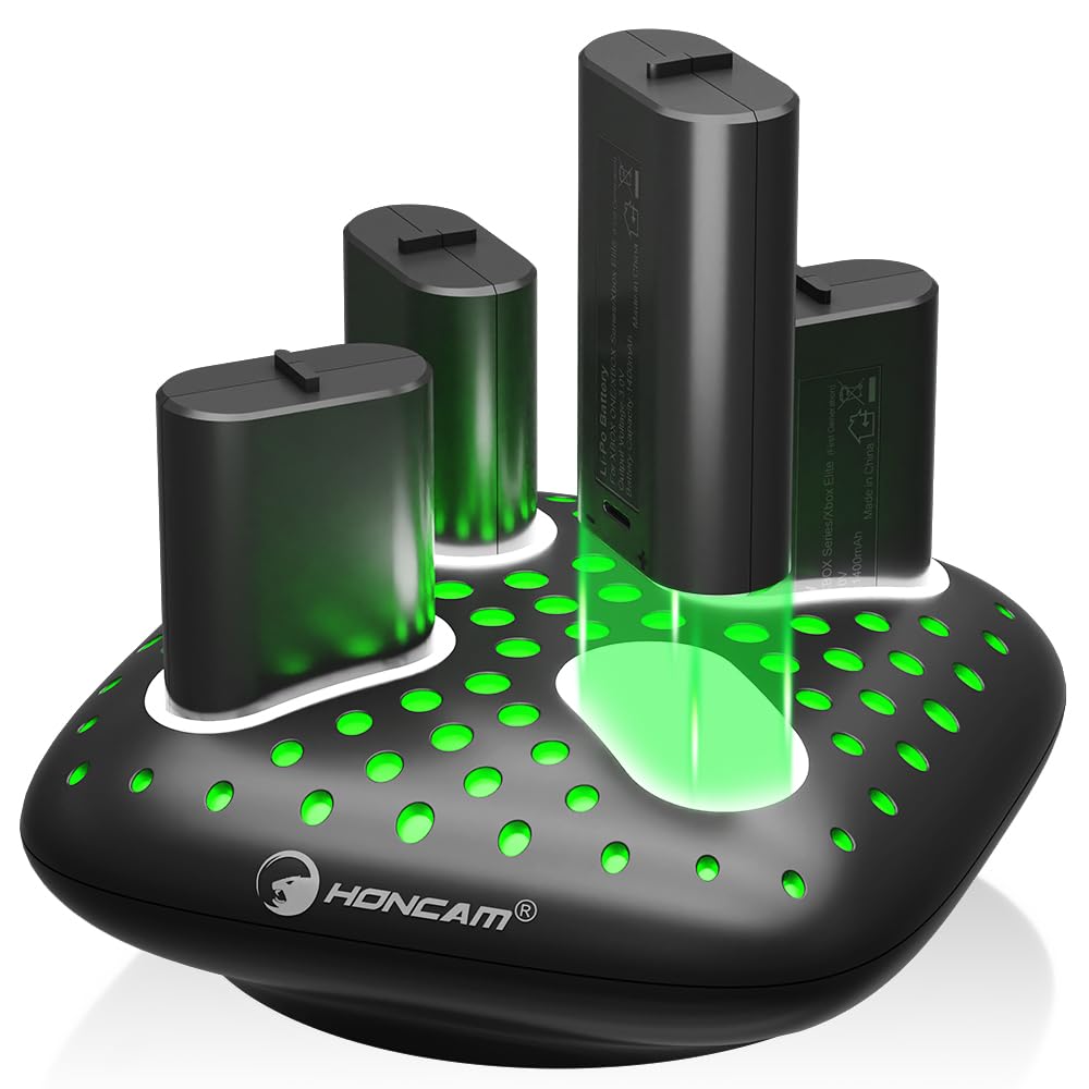 HONCAM Charger Station with 4X 1400mAh (5180mWh) Rechargeable Battery Packs for Xbox One/Series X/S/Elite, 7 RGB Xbox Controller Batteries Pack Charging Dock, Black