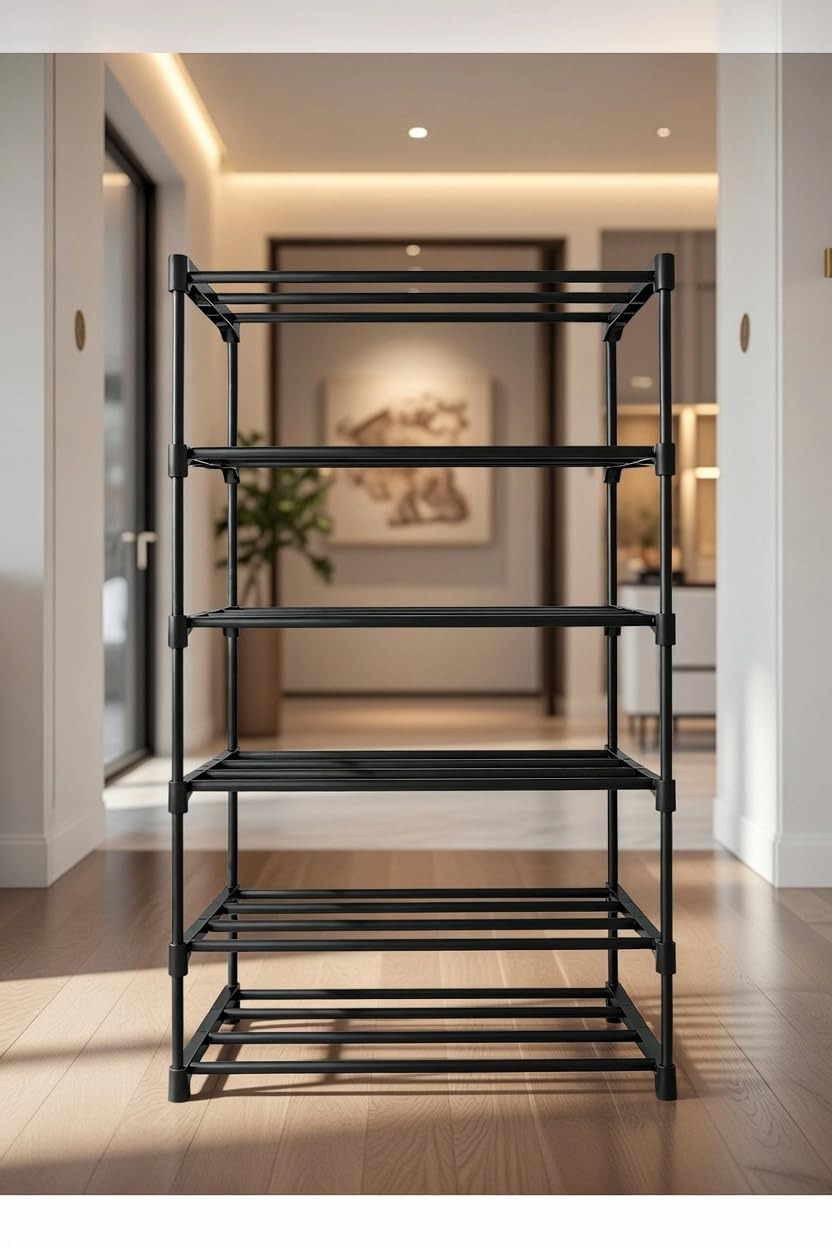 SHREEJIKART 6 Tier Tall Plastic Shoe Rack for Home, Foldable Vertical Shoe Organizer, Space Saving 6 Shelf Storage Stand, Tool Free Assembly, Black (100 cm Height)