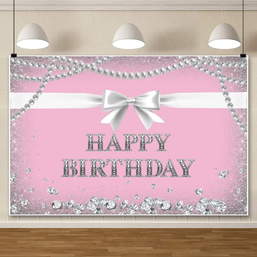 Leowefowa Różowe tło "Happy Birthday" do fotografii 2,4 x 2 m, winylowa, srebrna, kokarda, naszyjnik, diamenty, tło fotograficzne, przyjęcie urodzinowe, dla dziewczyny, księżniczki, baner, rekwizyty