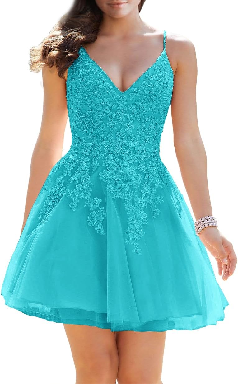 Lace Applique Tulle Homecoming Dresses for Teens Spaghetti Strap Beaded V Neck Short Cocktail Prom Party Dresses 2025