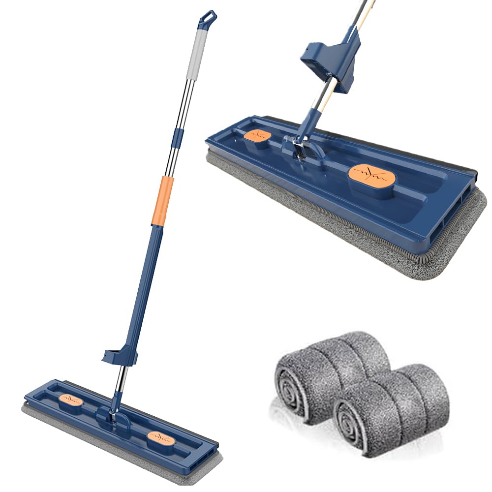 Large Flat Mop for Cleaning Floors, Self Wringing Floor Mop with 2 Reusable Microfiber Pads, 360° Rotatable Cleaning Mop, Wet Dry Dust Mop for All Floors Tile/Marble/Laminate/Wooden