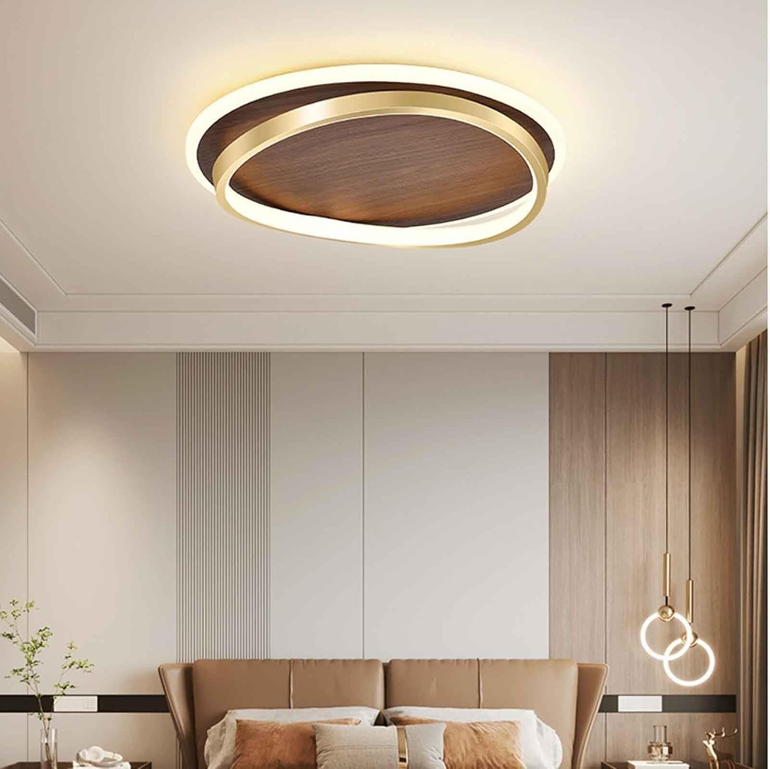 Mid Century Farmhouse LED Ceiling Light Fixture - Wood Grain Finish Semi Flush Mount with Gold Ring for Living Room, Bedroom, Kitchen, and More(Large)