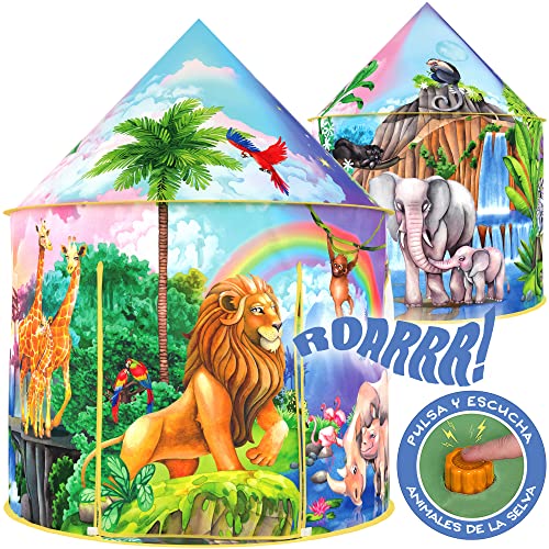 W&O Tienda de Campaña Jungla con Botón de Sonidos de la Jungla y Animales Salvajes – Casita Infantil de Tela para Interior y Exterior – Cabañas para Niños – Tienda de Campaña Infantil