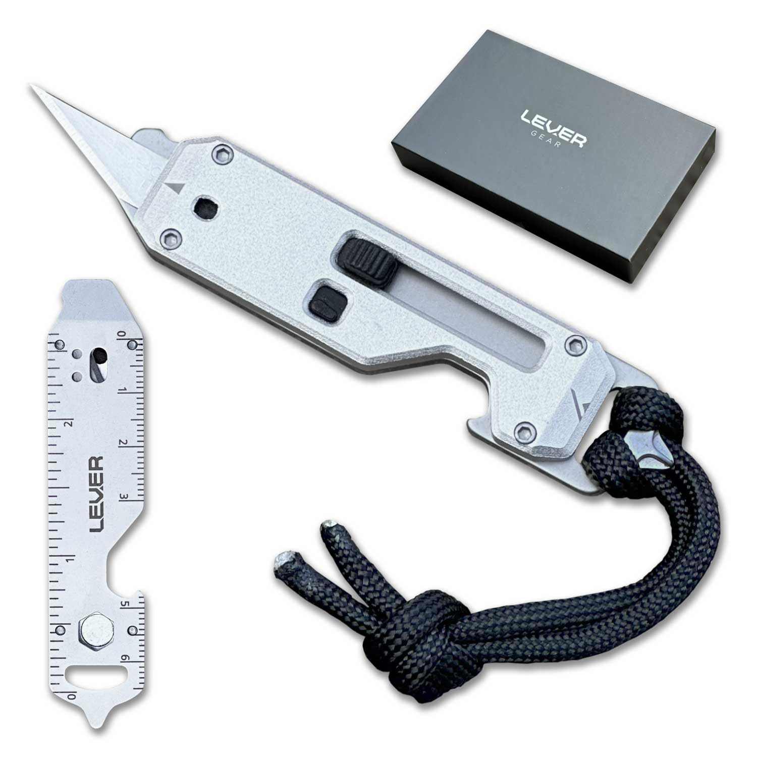 Lever Gear Edge XT - Mini Utility Knife Keychain Multitool w/ 10 Tools - Retractable Razor Blade Mini Box Cutter OTF Knife - Small EDC Pocket Knives For Men Gift (Silver-Blk)