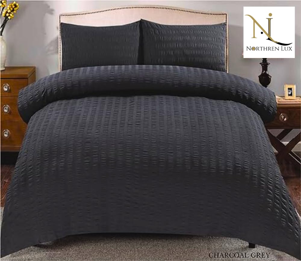 Northern Luxe Seersucker Duvet Cover Sets Luxury Natural Microfiber Soft Cosy Easy Care Quilt Bedding Set with Pillowcases (Double, Charcoal Grey)