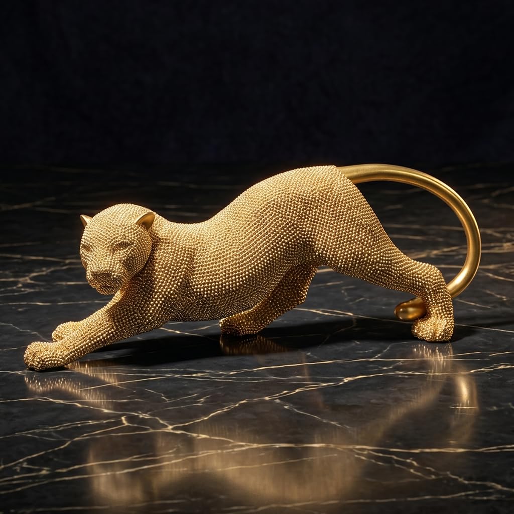 Shlinnuo Leopard Statue Home Decor - 15 Inch Gold Cheetah Figurine & Animal Sculpture for Living Room, Shelf, Office - Handcrafted Beaded Modern Table Centerpiece (Gold/Silver) — image 1