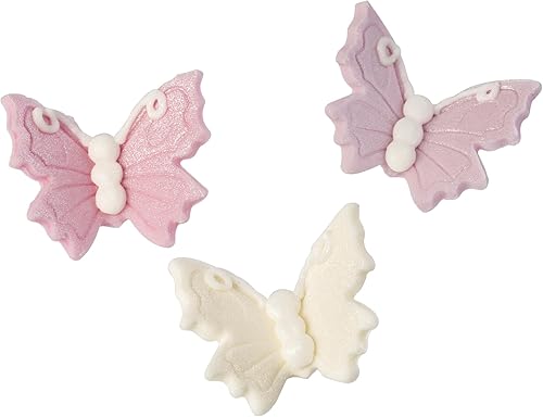 Lustred Sugar Butterflies - Paquete de 18 (morado, rosa, crema) - Decoración para tartas - 1.575 in - Perfecto para cupcakes o diseños más grandes