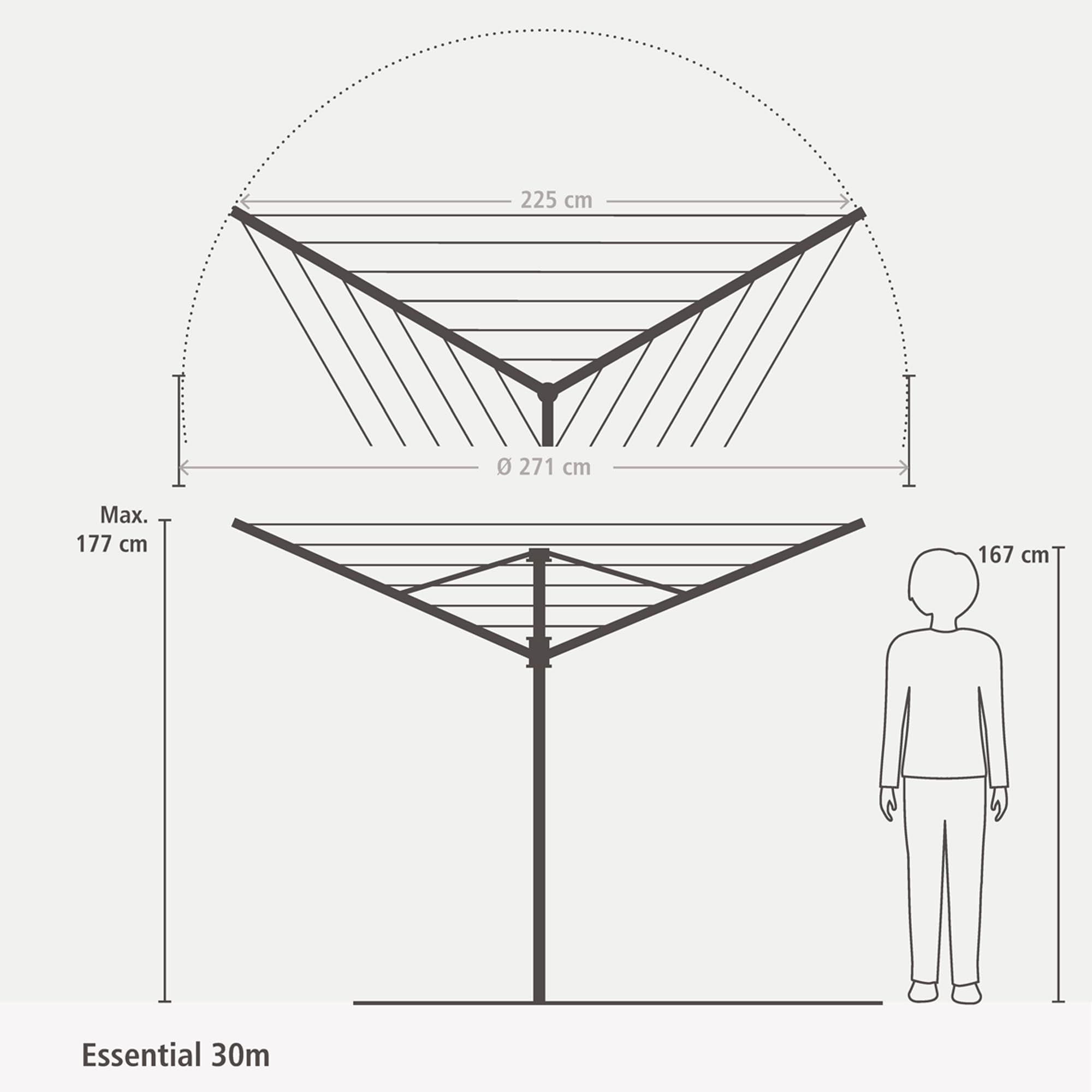 Brabantia - Essential Wäschespinne - Regenschirm'-System - UV-beständige Wäscheleine, 30 m - Kein Durchhängen - Auch für Kleiderbügel - Stabile Aufhängeöse - Metallic Grey - ø 271cm