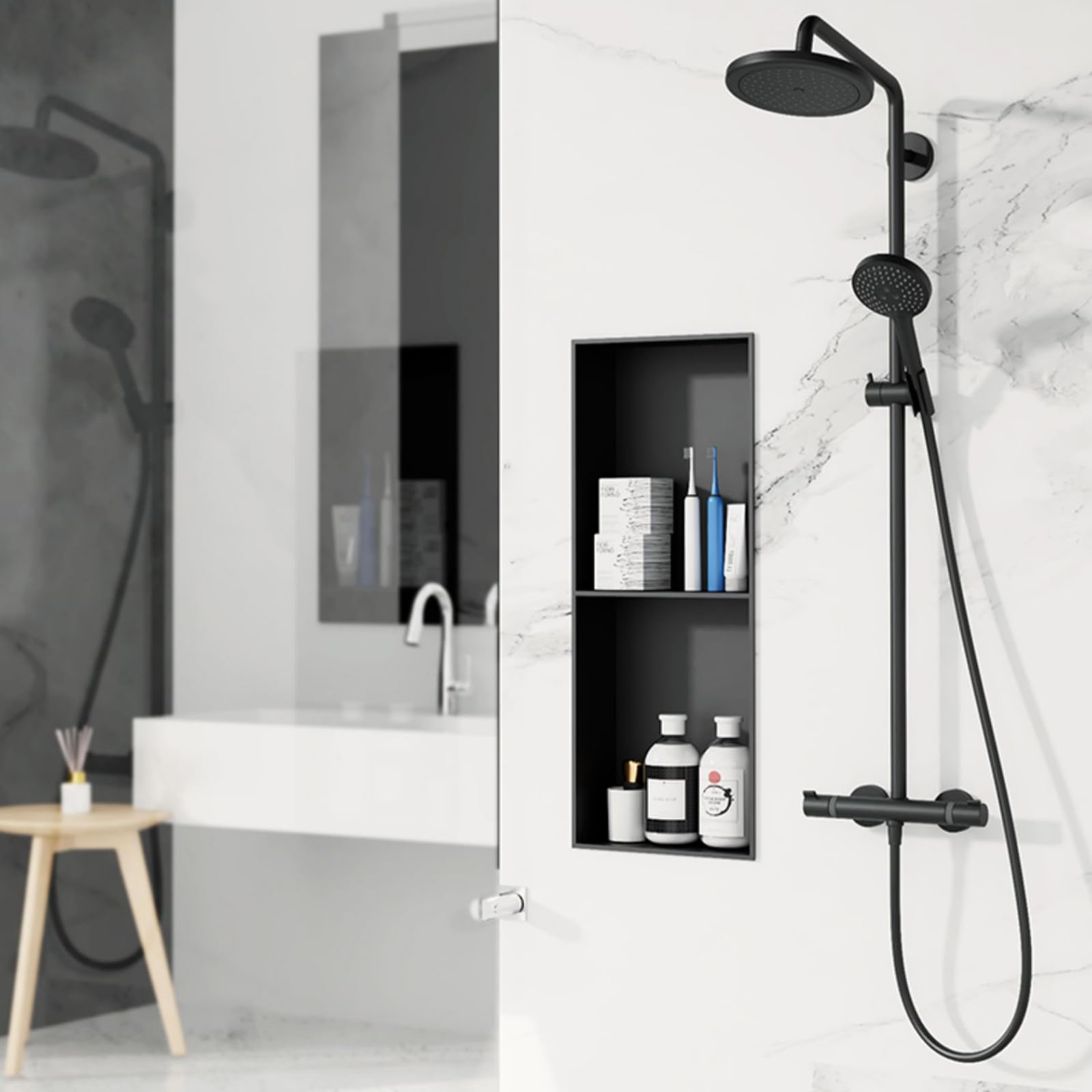 Estante de ducha de acero inoxidable de 90 x 28 cm, doble nivel, instalación sin taladrar, sin azulejos, almacenamiento integrado de jabón y artículos de tocador, elegante acabado negro