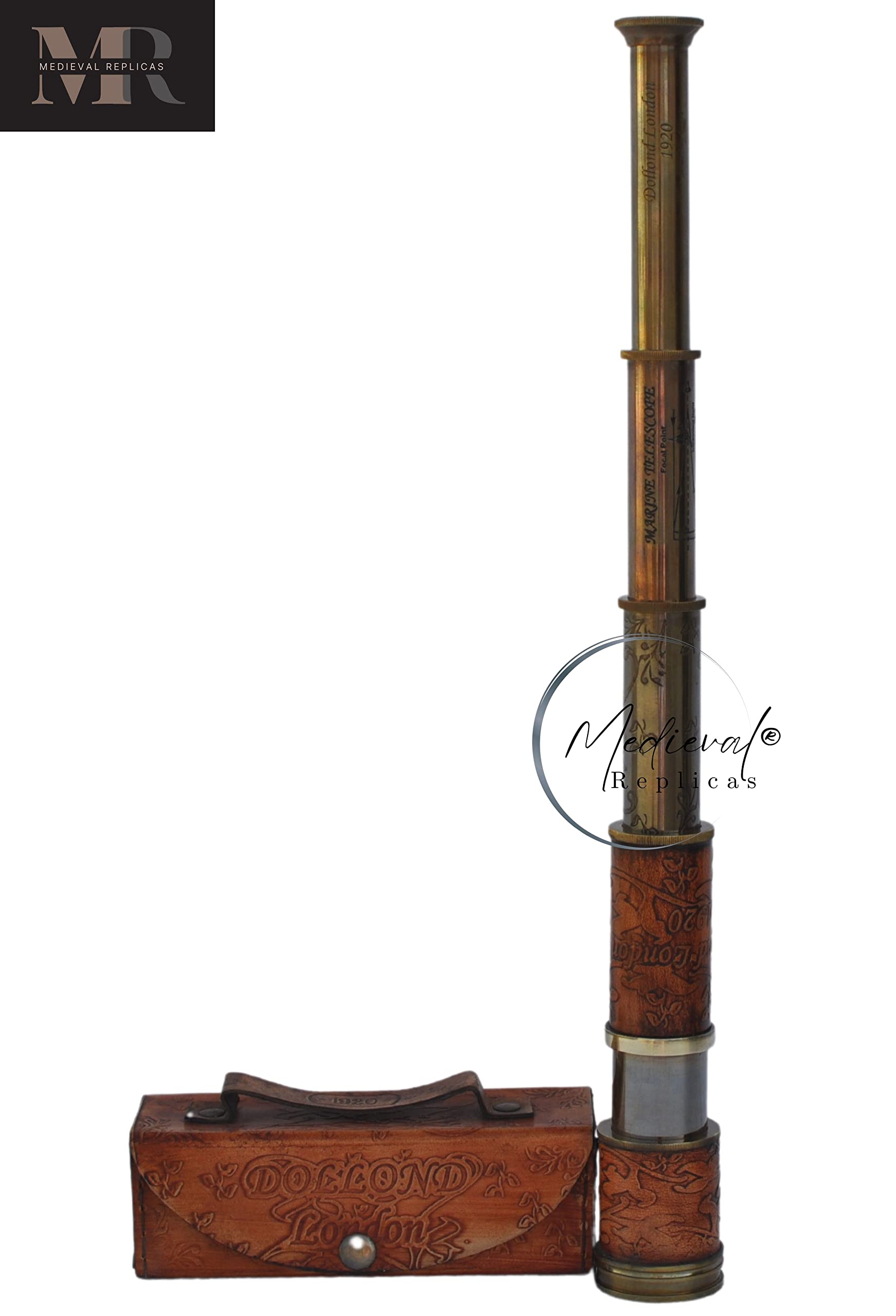 Telescopio de trabajo de latón completo de la mirada antigua de 16 pulgadas/esfera decorativa de los niños de la réplica de Spyglass en caja de cuero 7