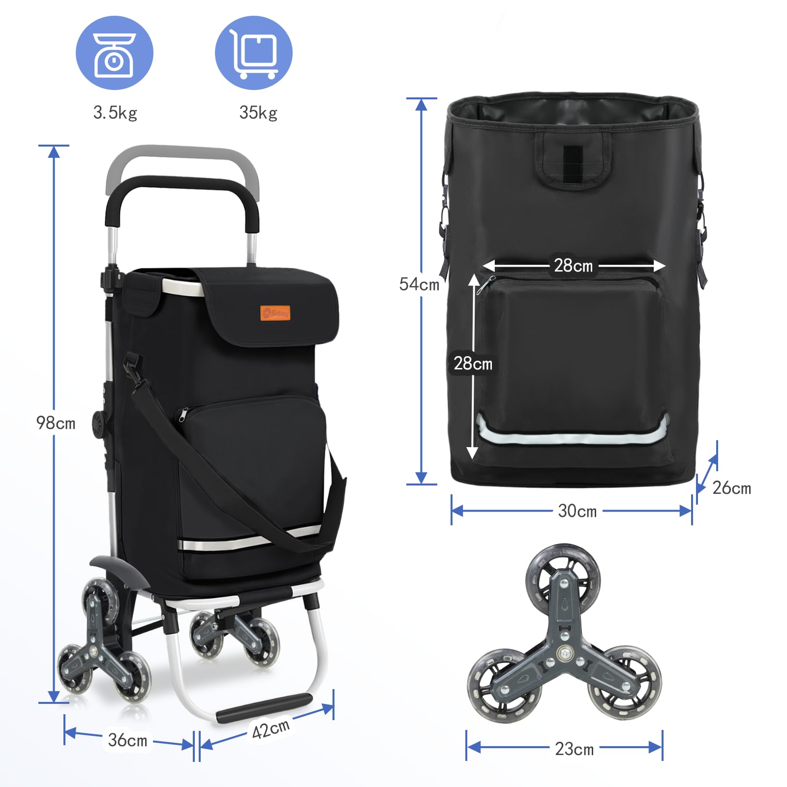 Sekey XXL Einkaufstrolley Treppensteiger mit 3 Rädern, Einkaufswagen für Camping und Einkäufe mit Höhenverstellbarem Griff, Aluminium 3-in-1 Trolley, Inklusive Kühlfach und Getränkefach, Schwarz