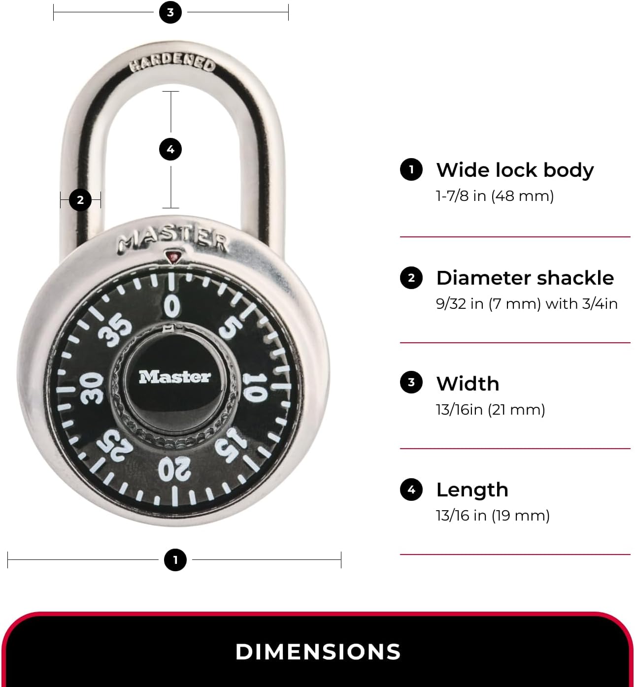 Diagram showing the dimensions of the Master Lock 1500D combination padlock.