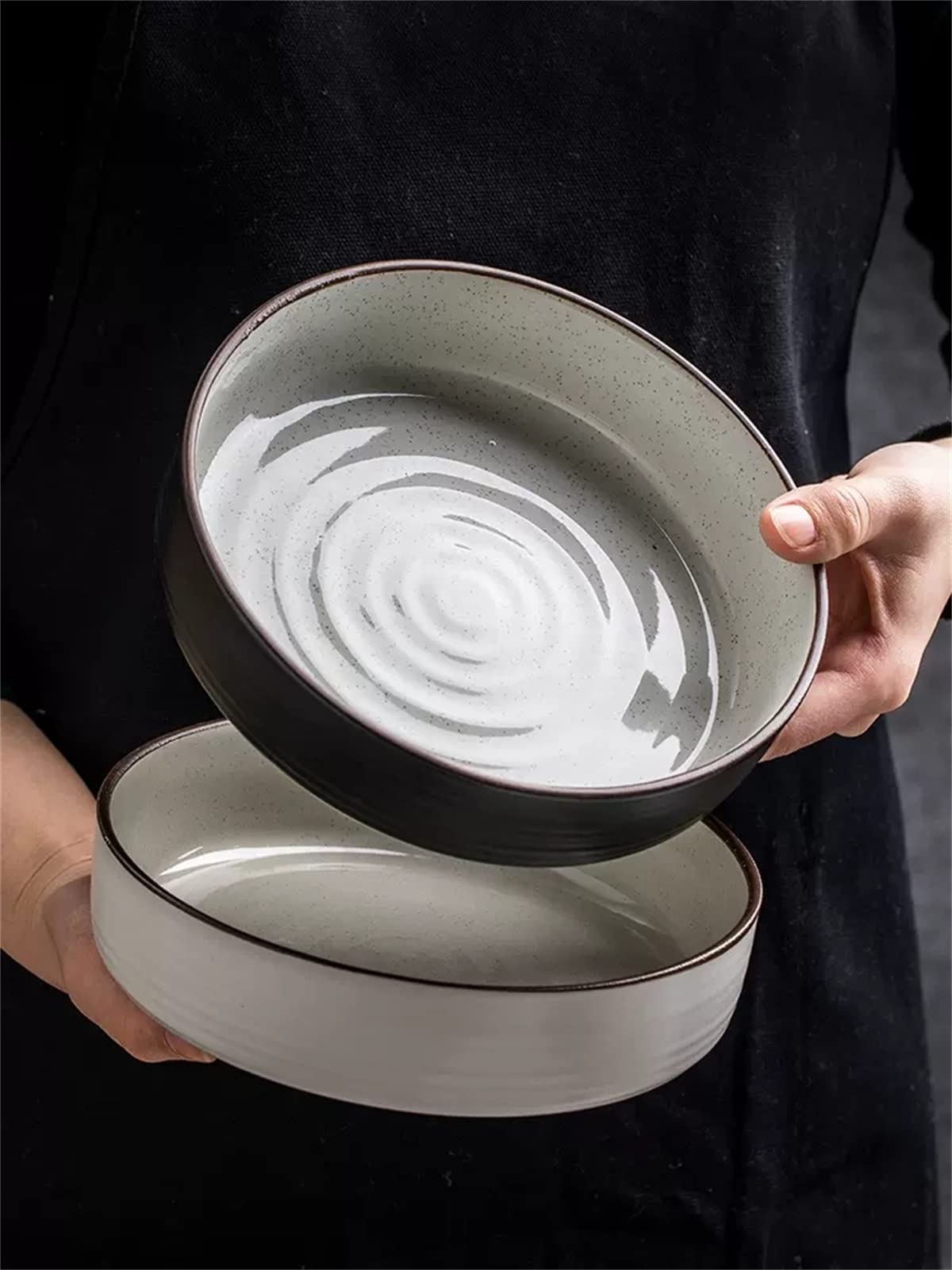 Meiiron 6.8 Inches Dinner Plates, Porcelain Round Soup Plates, Pasta Bowls, Antiqued Finish Deep Soup Bowls, (Size : Black-2pcs)