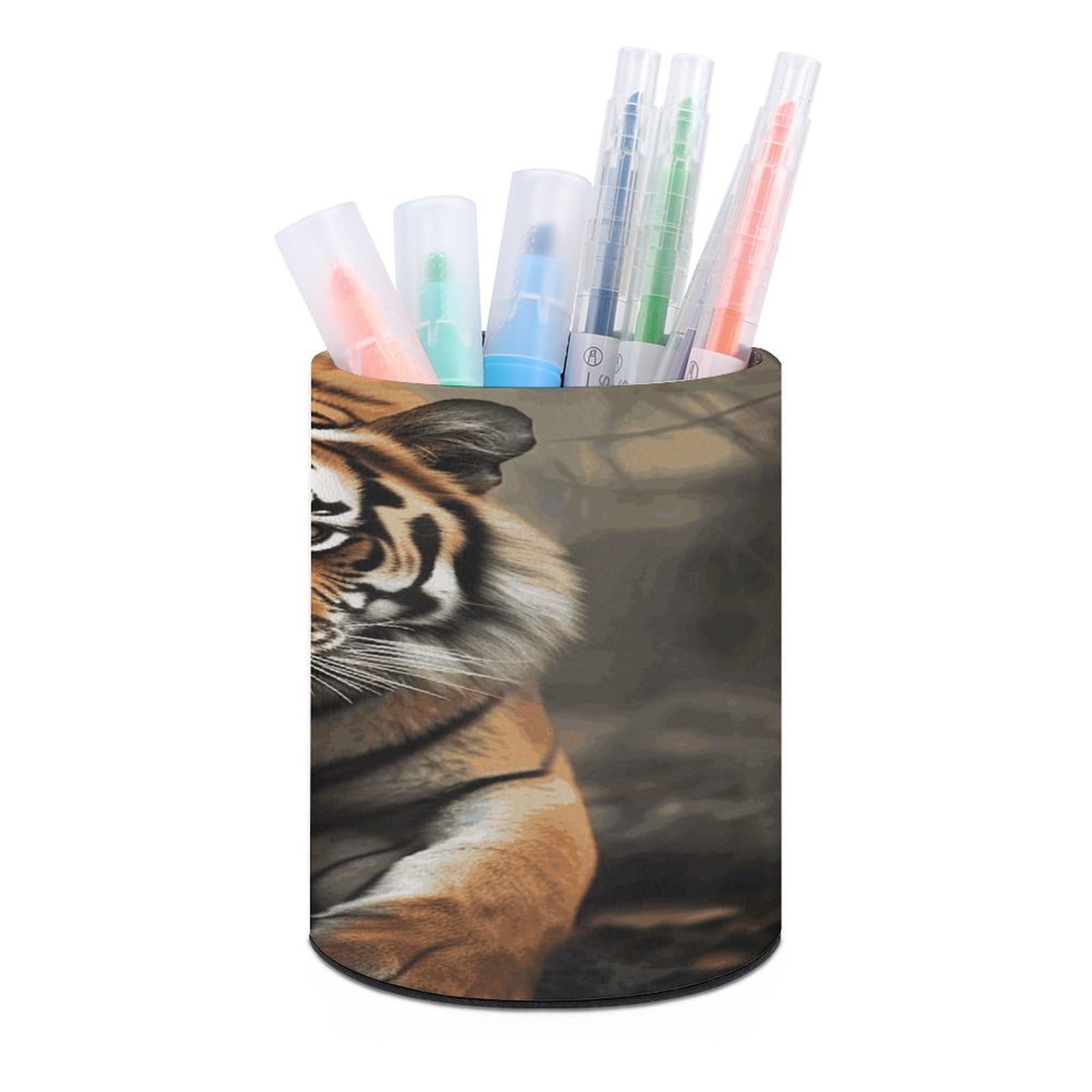 VstaDank Wildlife Tiger Pen Holder Round Pencil Holder Cup Pen Container PU Leather Desk Organizer Stand Decorative Brush Scissor Holder Decoration Office Desk Home (3.1 x 3.9 inch)