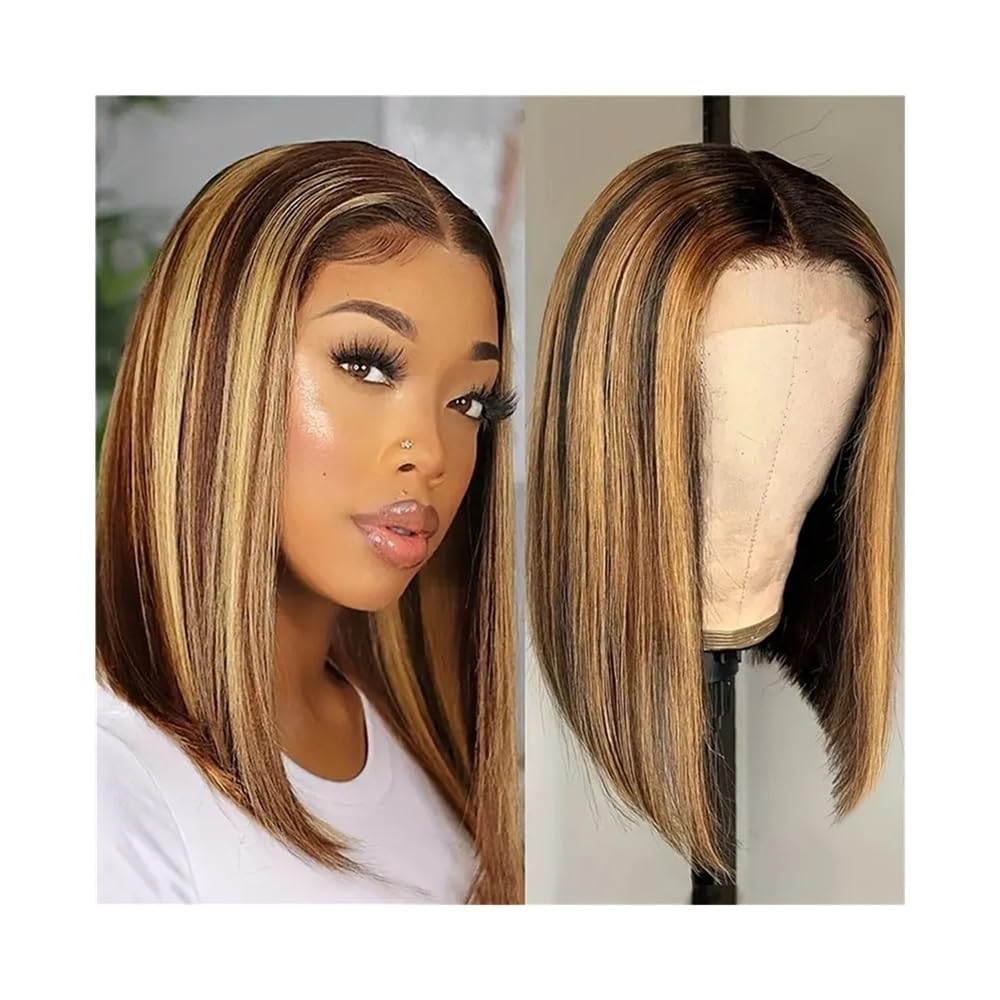 Wstępnie depilowane krótkie ludzkie włosy peruka dla kobiet, proste koronkowe peruki 13x4, miód blond ombré 10-16 cali nadaje się dla początkujących (30 cm)