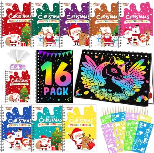FEREDO KIDS Kids Christmas Gifts: 16 Pack Christmas Scratch Notebooks Bulk Party Favors for Kids Christmas Goodie Bags Stocking Stuffers Coloring Book for Kids Crafts Gifts for Classroom Kids Bulk