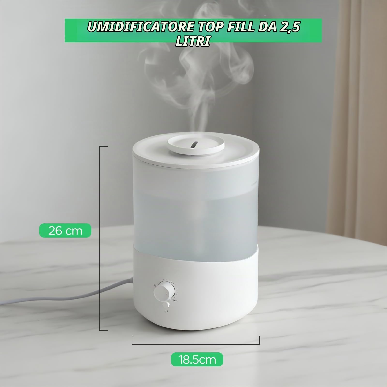 Cozary 2,5L Umidificatore Ambiente, Top Fill, 28H Diffusore di Oli Essenziali, Spegnimento Automatico, 23 dB Silenzioso, con Luce a 7 Colori, Ugello a 360°, per Camera da Letto, Cameretta, Piante