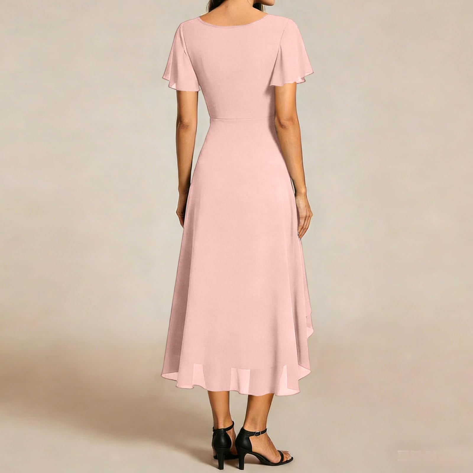 Generisch Damen Abendkleider V Ausschnitt Rüschenärmel Chiffonkleid Knielanges Abendkleid Hochzeit Sgastkleid Elegant für Hochzeit High Low Festliche Kleider Vokuhila Brautjungfernkleid