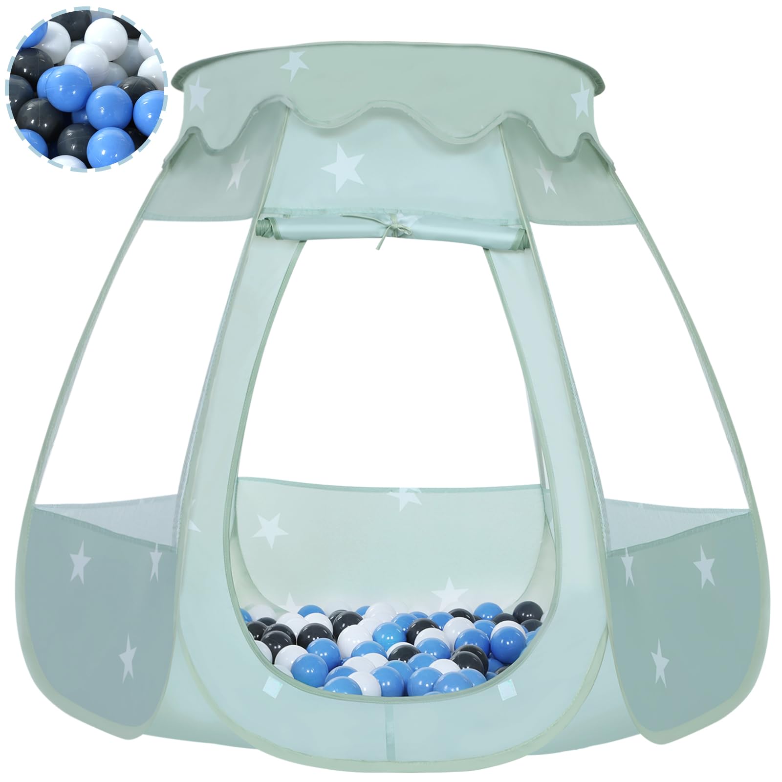 Wilhunter Baby Ball Pit for Toddler with 50 Balls, Kids Pop Up Play Tent for Girls, Princess Toys Gifts for Children Indoor & Outdoor Playhouse (Celadon: Gray/White/Babyblue, 109x90cm/50 Balls)
