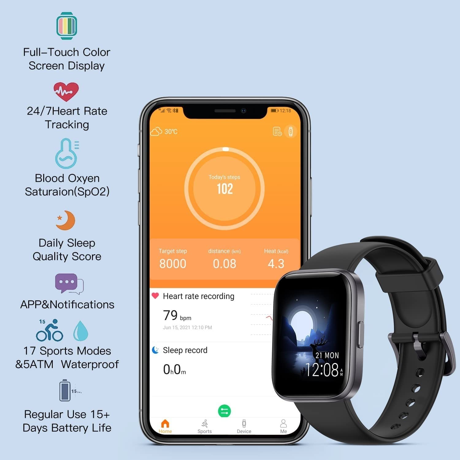 Inteligentny zegarek Fitness Tracker, z monitorem snu, 1,7-calowym ekranem dotykowym, wodoodpornym smartwatchem 5 ATM, licznikiem kroków dla kobiet, mężczyzn, dzieci (Color : Black)