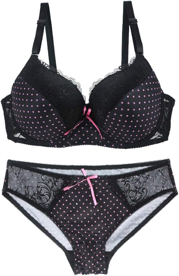Women Bra and Panty Set Satin Bowknot Lace Polka Dot Underwire Bras Lingerie Set