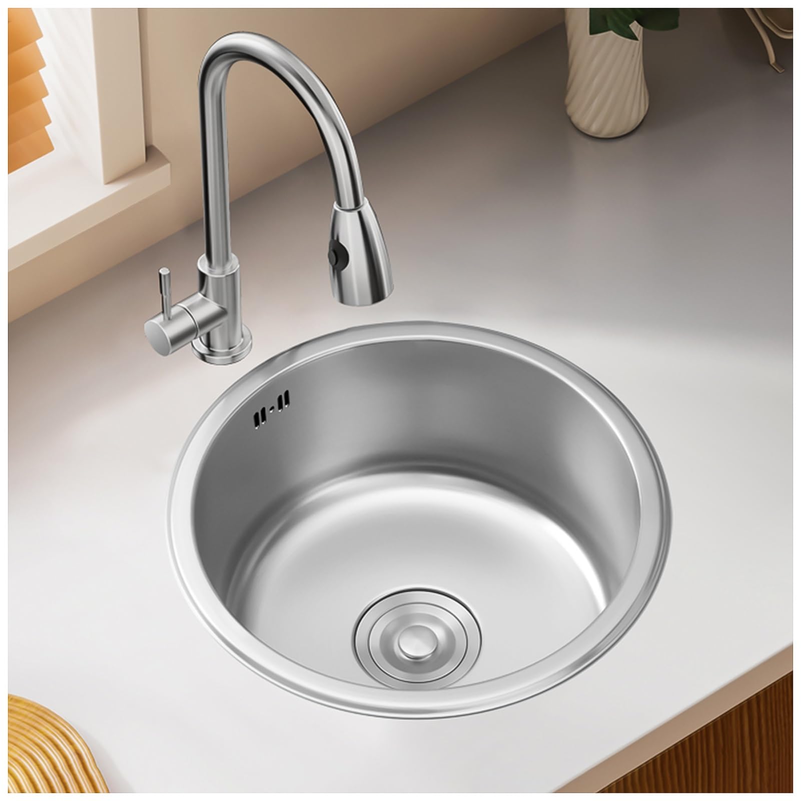 WIQUYBML Round Stainless Steel Kitchen Sink,Mini Bar Sink,Household Vegetable Washing Basin,Topmount Or Undermount Sink,Installation With Drainage Kit(Silver,36x36cm)