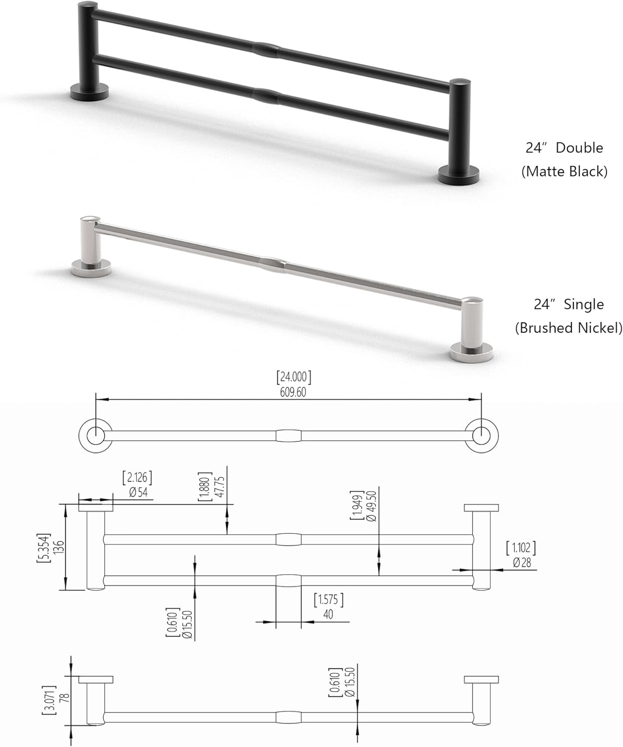 24 inch Stylish Stainless Steel Towel Bar for Bathroom Wall Mounted, Rust-Proof Corrosion Resistant, Bath Hardware Towel Organizer