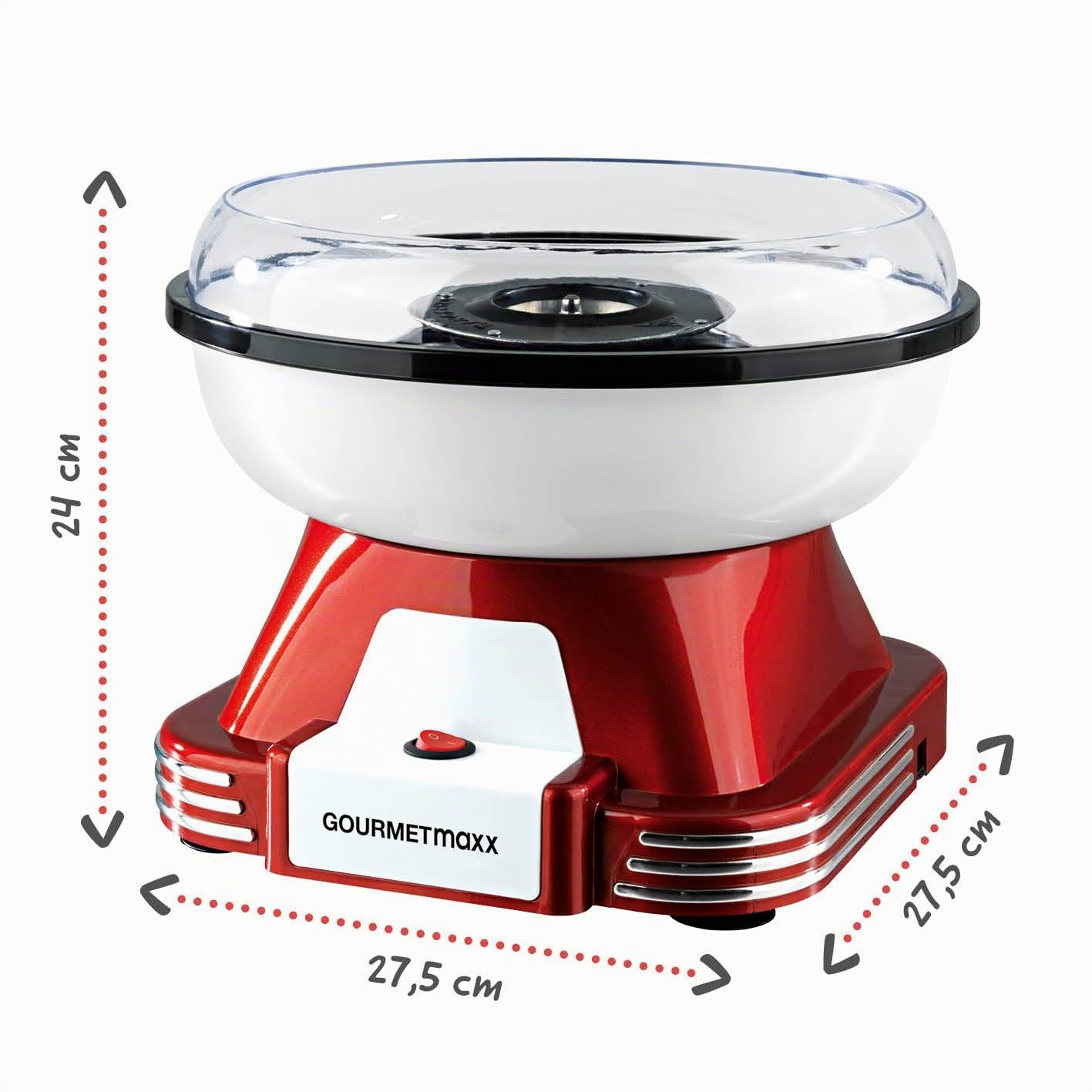 GOURMETmaxx Macchina per zucchero filato per la casa | L'originale rosso con 10 bastoncini e misurino in un nostalgico design retrò | Zucchero filato di altissima qualità per ogni occasione