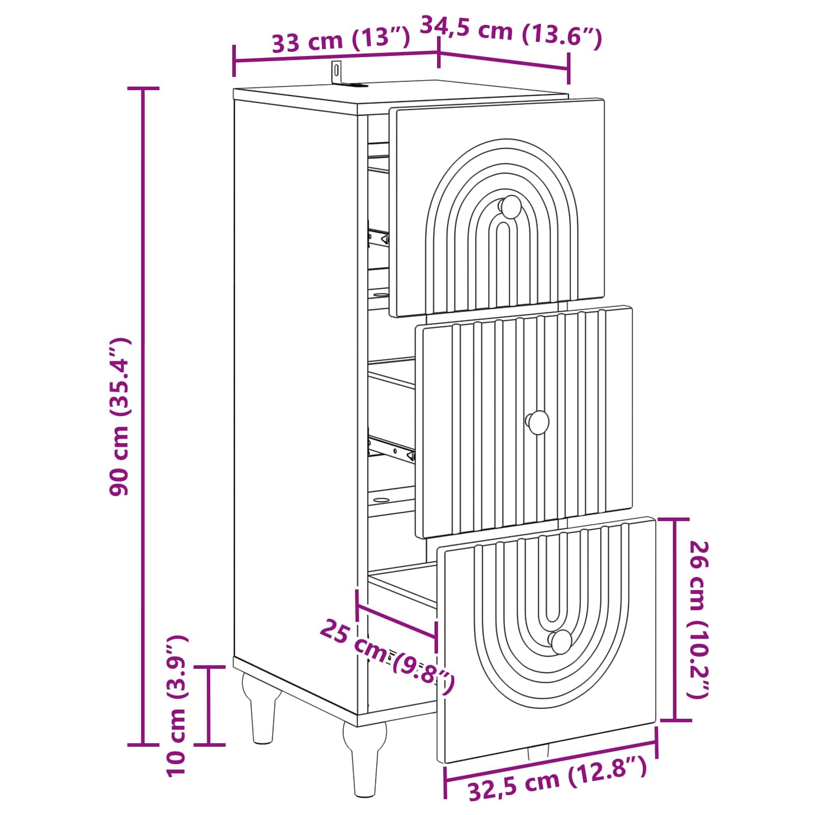 Cassettiera in legno anticato, 33 x 34,5 x 90 cm, con 3 cassetti, versatile armadio portaoggetti per casa, ufficio, cantina e officina, pratica soluzione di ordine