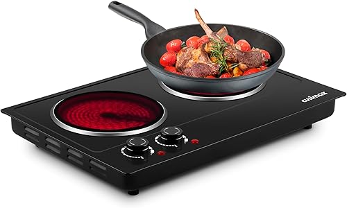 Miniatura 1 de CUSIMAX Doble quemador, placa eléctrica de 1800 W, placa de cocina infrarroja de cerámica con control doble, quemador portátil de encimera, placa de