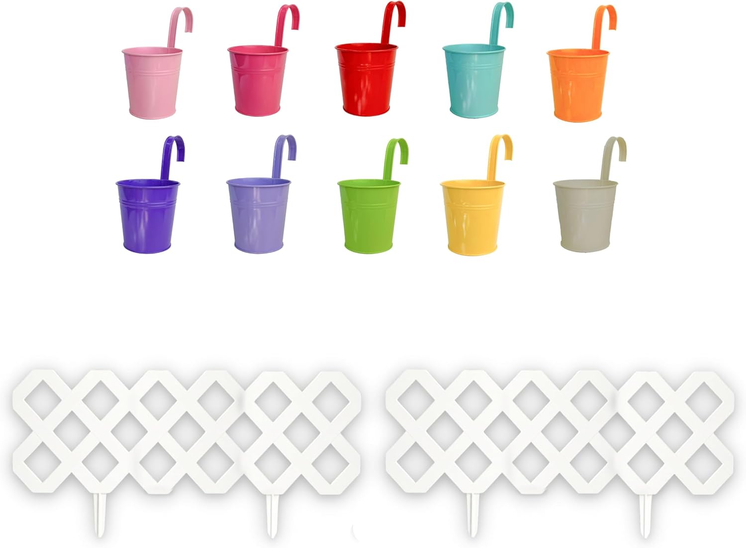 LaLaGreen Bundle- 10 Pack, 8.5 Inch White Plastic Fence + 10 Pack, 4 Inch Multicolor Metal Pot Small Colorful Hanging Herb Succulents Box Yard Pathway Edging Outdoor Flower Bed Border Lawn Patio Decor