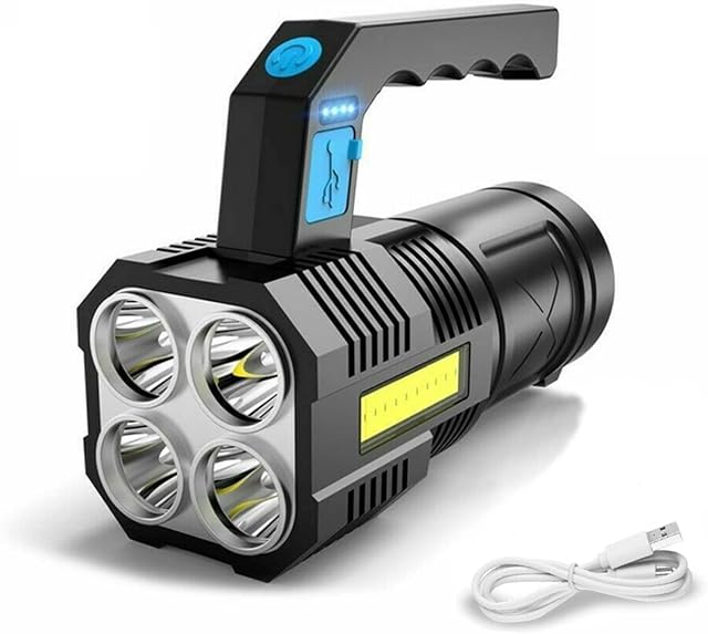 GUODSKHOO LED Flashlight Torch Rechargeable COB Spotlight Lantern Work Light Handheld Searchlight Waterproof and 4 Modes Portable Emergency Torches Lamp for Hiking Fishing Camping, Black