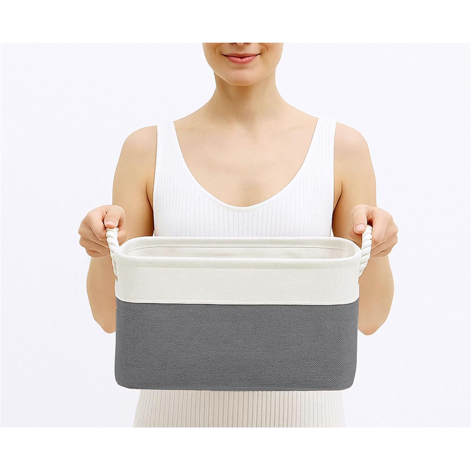 Mangata Soft Fabric Storage Basket with Rope Handles, 31×21×16 cm, Rectangular Shelf & Wardrobe Organiser Box, Linen Storage Bin for Bathroom, Bedroom, Nursery, Dark Grey & White(Small)