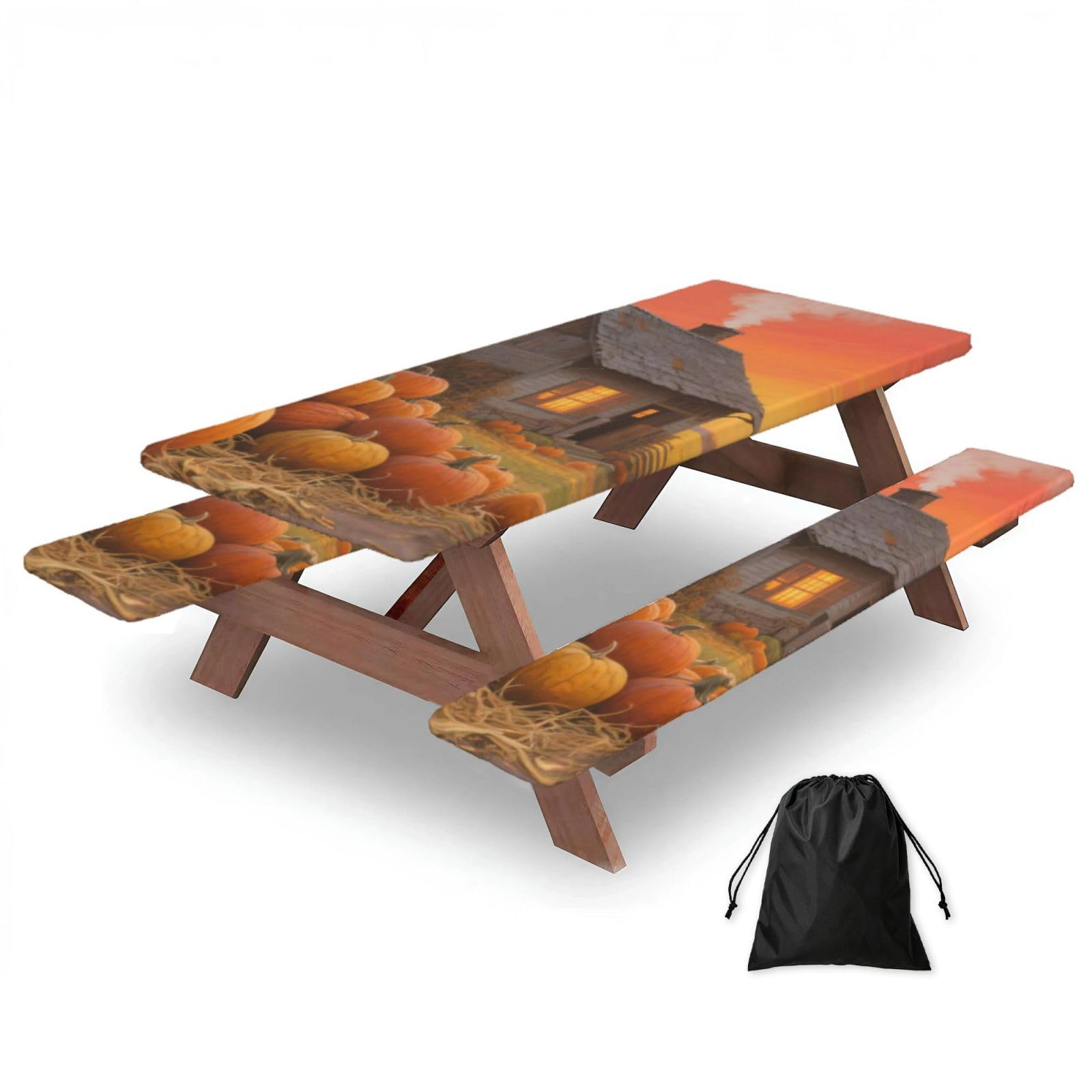 FekiLoot Farmhouse Pumpkin Picnic Table Cover with Bench Covers and Bag, Windproof Waterproof Rectangle Tablecloth with Elastic Edges Fitted Camping Table Covers for Picnic Party Travel