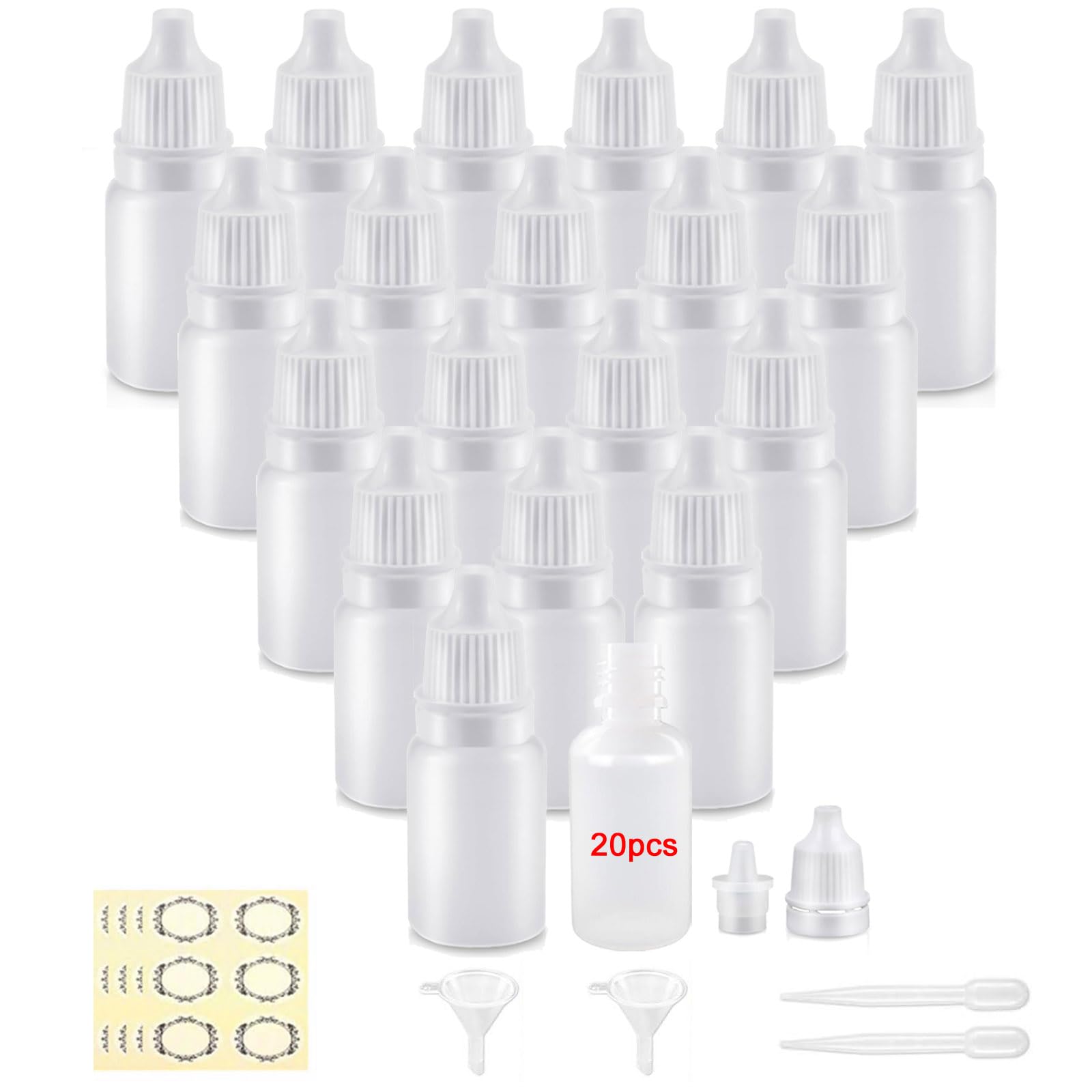 Apstaqeoo 20Pcs, 20Ml Plastic Dropper Bottles, Empty Squeezable Eye Liquid Dropper Bottle Refillable Sample Containers Small Paint Dropper Bottles with Cap, Funnel, Label, Dropper for Essential Oil