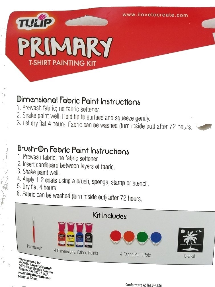 Tulip Primary T- Shirt Painting Kit of 10 pc: Dimensional fabric paints, Brush -On Fabric Paints, Paintbrush and Stencil