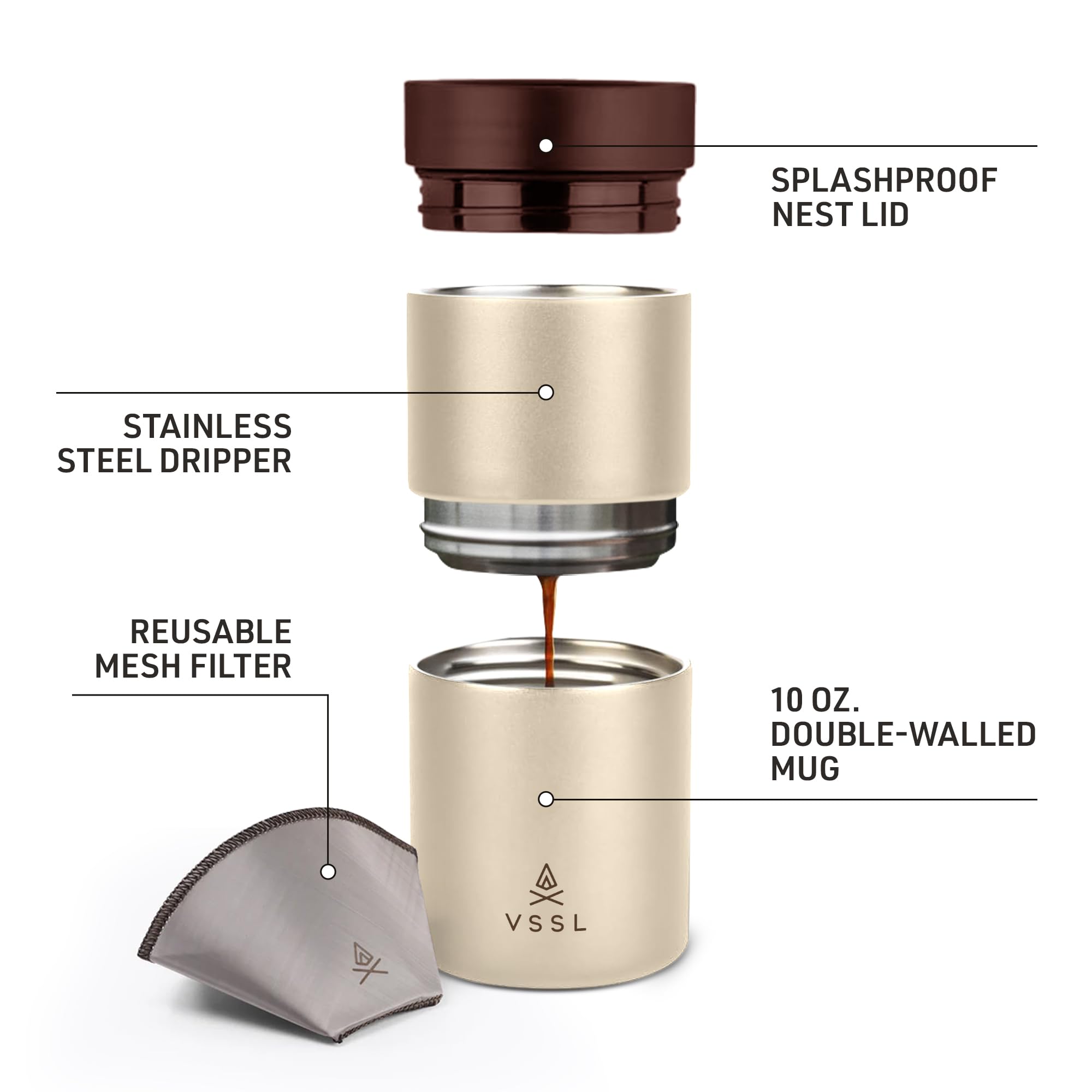 VSSL Nest Pour Over - Set da caffè, trasportabile e compatto, con tazza a doppia parete da 295 ml, colore: panna