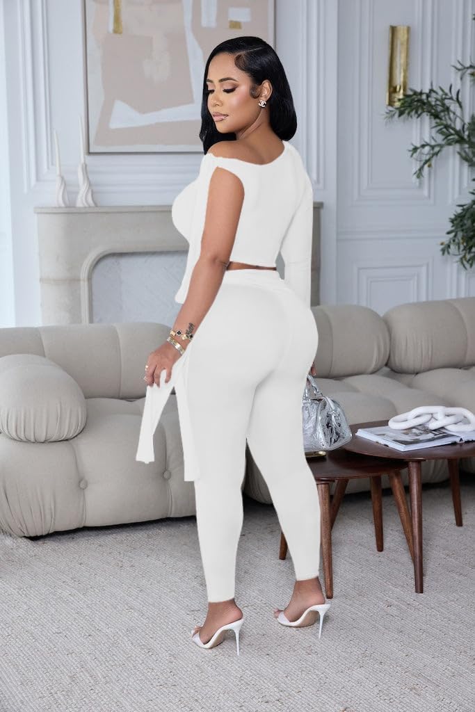 Vssjavun Women 2 Piece Outfits Sexy One Off Shoulder Long Sleeve Tops Skinny Long Pants Sets - Image 5