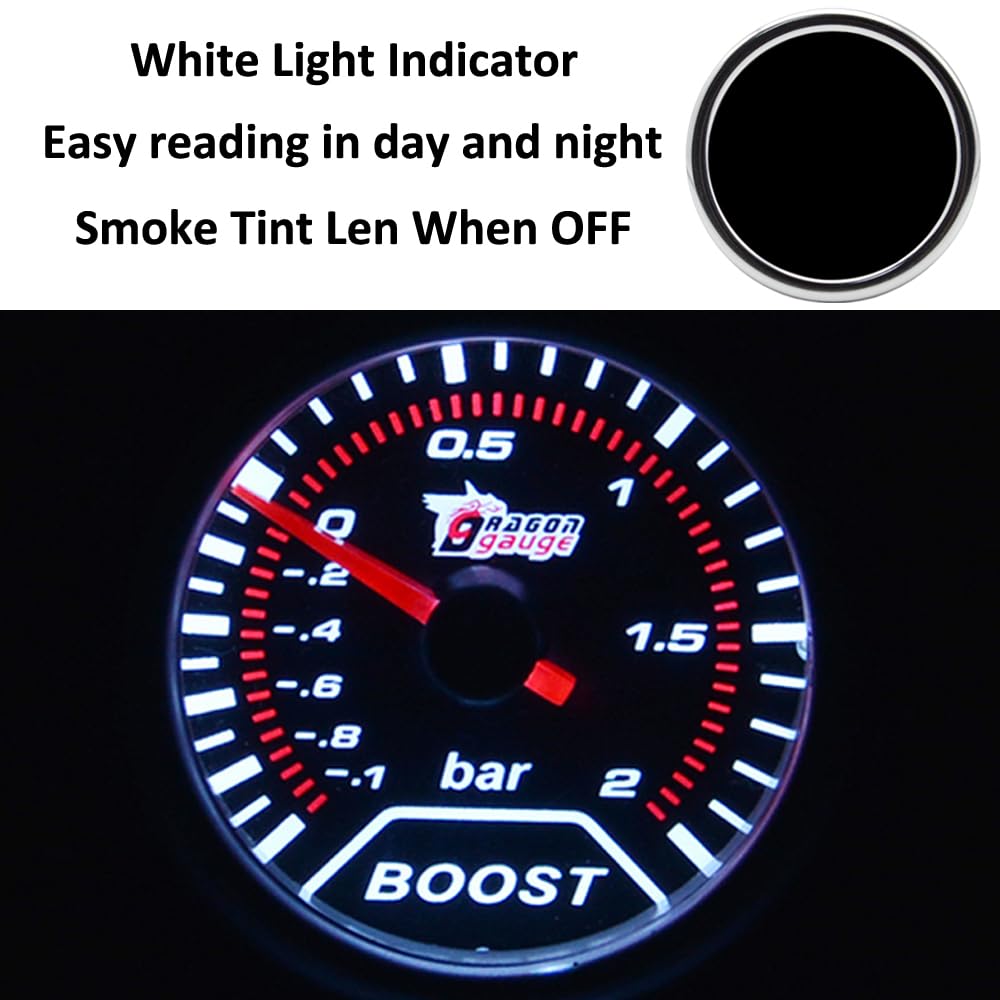 ETOPARS Universale Auto Turbo Boost Manometro 2 Pollici 52mm Turbo Boost Misuratore Bar Boost Puntatore Indicatore Calibro Bianco Luce Boost Pressione Strumenti Lente Tinta Fumo