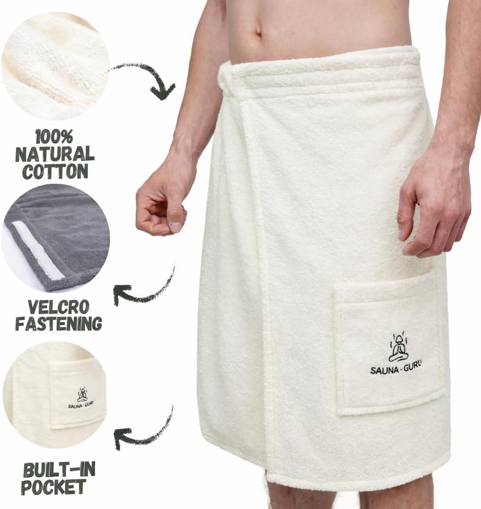 100% Cotton Sauna Kilt Towel Wrap for Men – Soft Sauna Towel for Inside Sauna, Adjustable Waist Wrap Bath Robe, Essential Sauna Accessories for Home Spa, Shower & Dry Sauna, Luxury Gift for Him, Cream