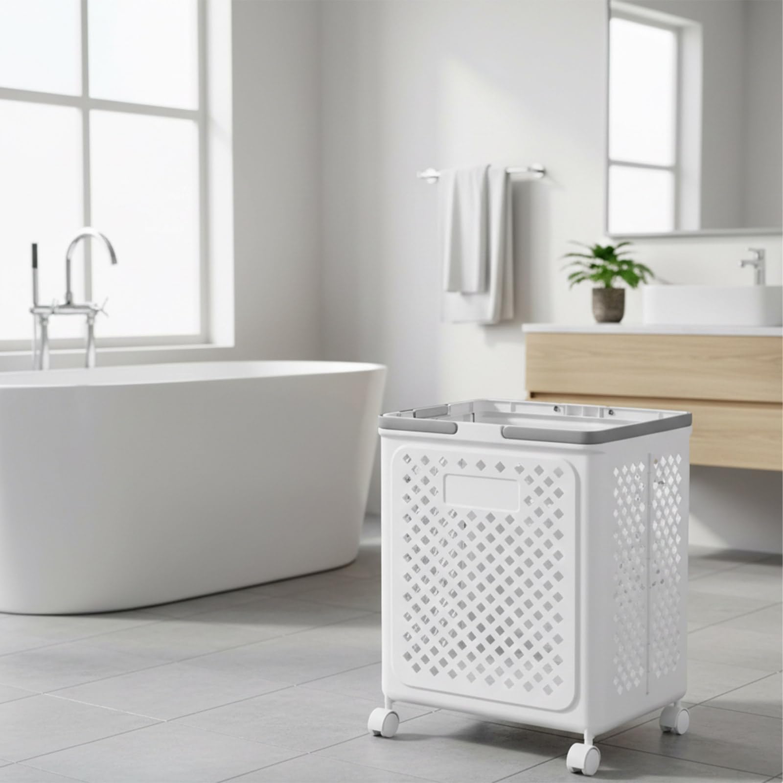 Panier à Linge Pliable avec Roulettes en Plastique | Couleur Blanche, Gain de Place, pour Vêtements Serviettes Jouets, Salle de Bain Buanderie Chambre