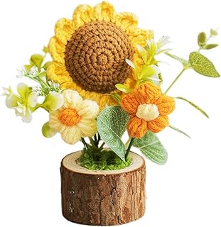 Handmade Crochet Sunflower Flower in Wooden Pot, Mini Knit Plants for Home Decor Office Desk, Knitted Gift for Teacher Women Friends Lovers Classmates Coworkers(1 Sunflower)