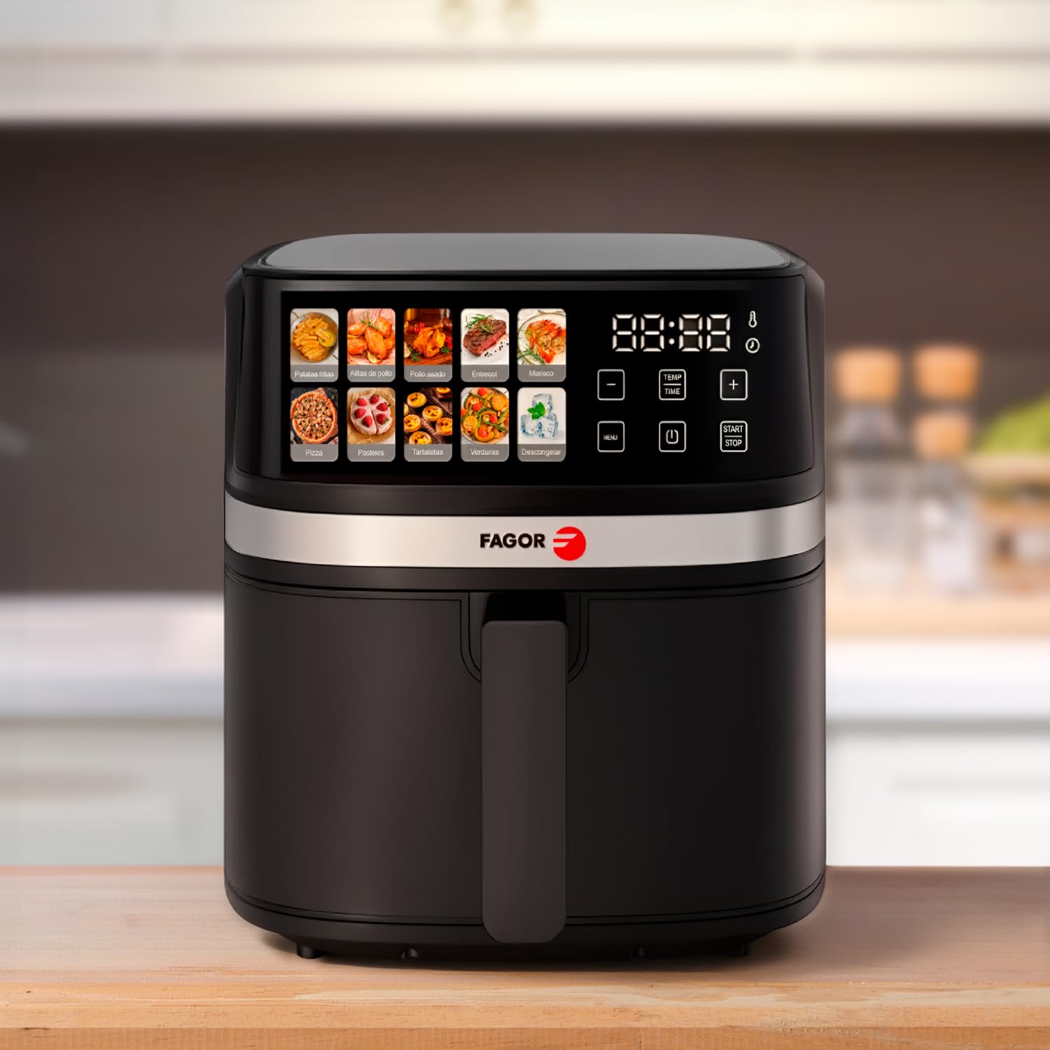 FAGOR Naturfry Luxe Freidora de Aire 8L 2200W - Air Fryer Doble Resistencia (Dual Heat) Sin Girar Alimentos, Pantalla Táctil 10 Programas, 80-200ºC, Gran Capacidad Familiar, Libre de BPA, Negro