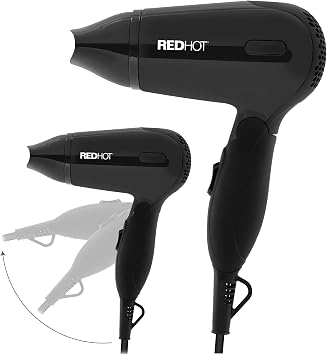 Red Hot Travel Hair Dryer/Dual Voltage, Folding Handle, 2 Heat & Speed Settings, Removable Nozzle/Compact Light Hair Dryer/Black 37079