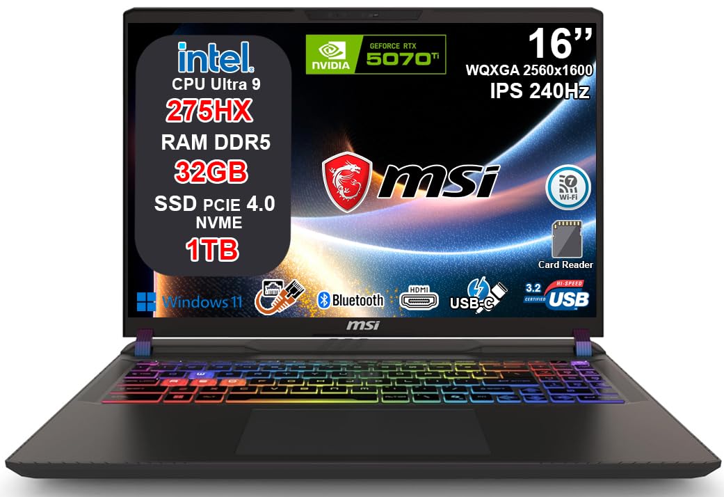 msi Vector 16 HX AI Notebook Gaming Intel Core Ultra 9 275HX, RTX 5070 Ti 12GB GDDR7, 32GB RAM, 1TB SSD, 16" QHD+ IPS 240Hz, Thunderbolt 5, WiFi 7, Tastiera RGB 24 Zone, Windows 11, AI Laptop