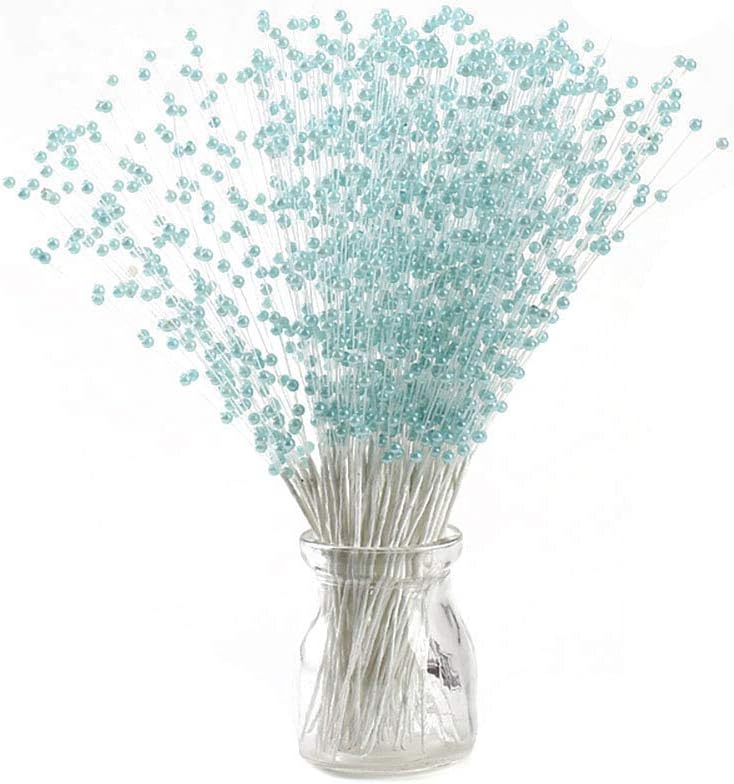 Fodattm 100 Stems Imitation Pearl Sticks Beaded String for Crafts Spray Beads Wire Stems DIY Accessories Christmas Garland Wedding Bridal Flower Bouquet Party Table Decor (Blue)