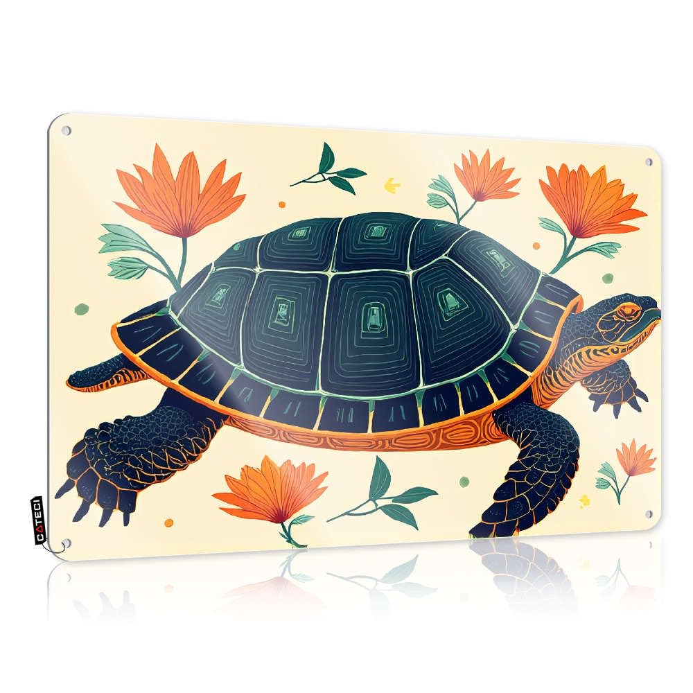 Sign Hanging Round Tin Rust-proof & Texas Style Decor Vintage - A Turtle Surrounded By Vibrant Orange Flowers. For Wall Bathroom | Funny Metal