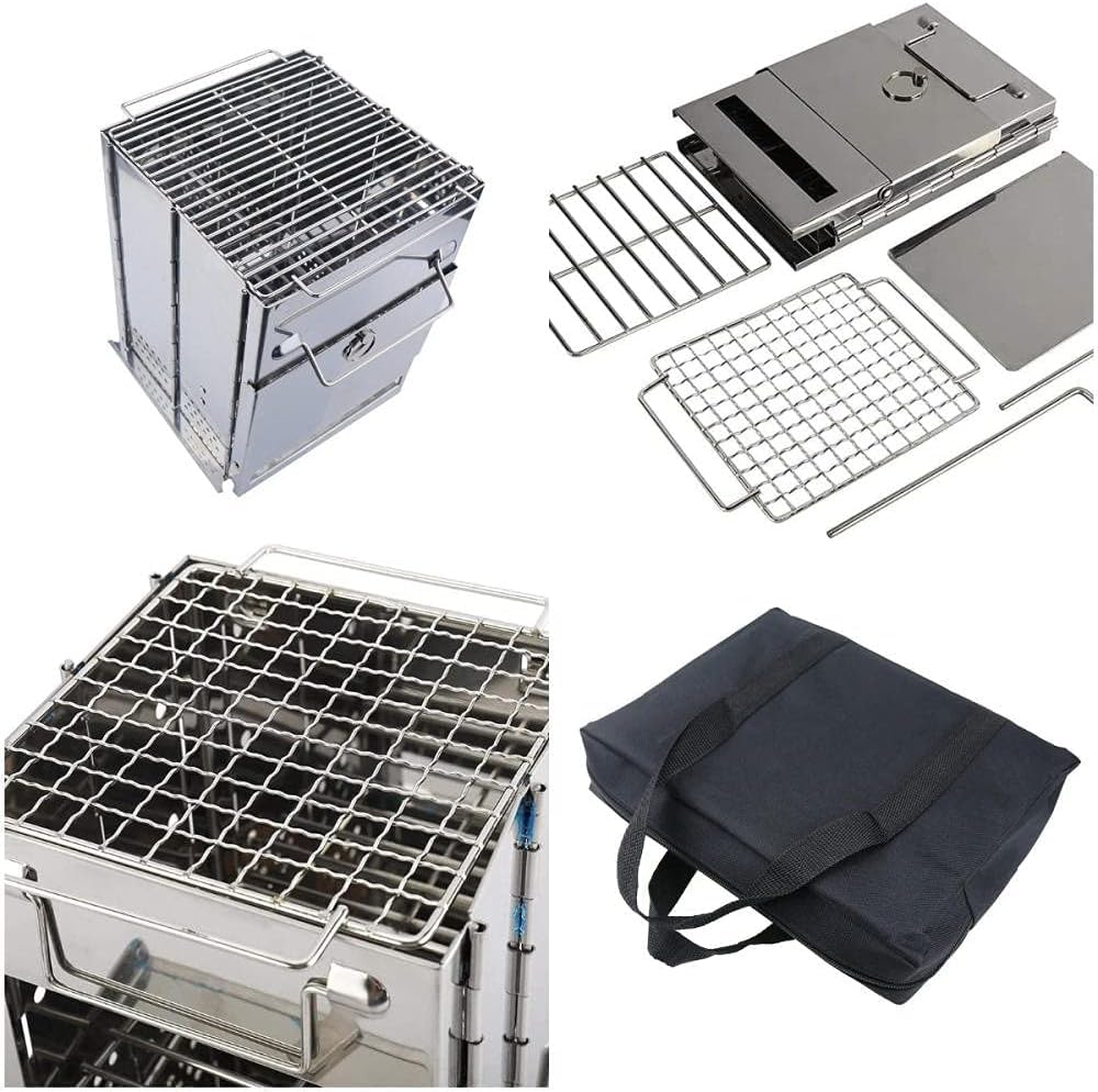 Fornello da campeggio, pieghevole, portatile, mini stufa a legna, in acciaio inox, leggera, per escursioni, picnic, barbecue